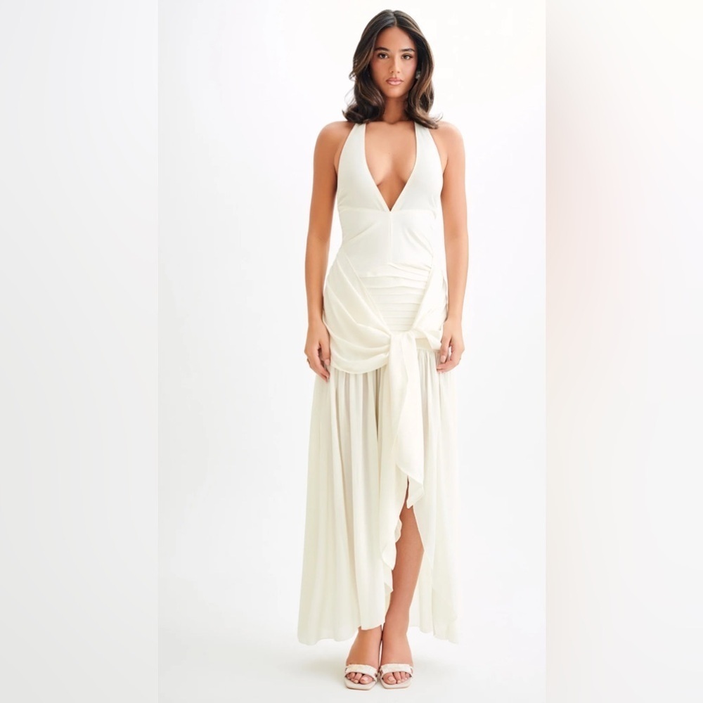 NWT Graziana Satin Chiffon Plunge Halter Maxi Dress SZ S Deep Dive Ivory
